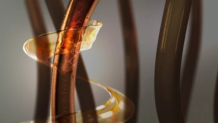 A depiction and extreme closeup of a scalp serum or a hair serum protecting the hair strand